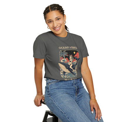 T-Shirt: Ocean Vibes – Anime Whale Rider Tee – Retro Japanese Style Shirt – Cat Girl Graphic Unisex Top for Surfers & Dreamers