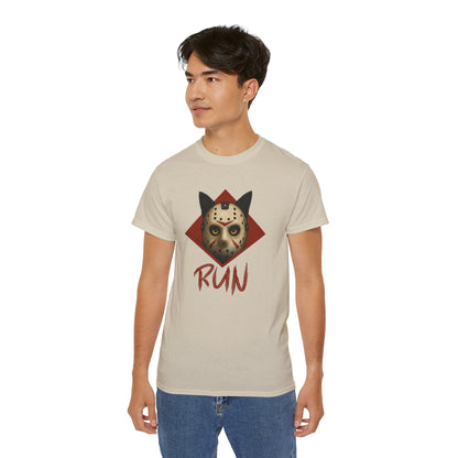 T-Shirt: RUN – Creepy Cat Horror Mask Graphic Tee – Halloween Scary Unisex Shirt for Spooky Season