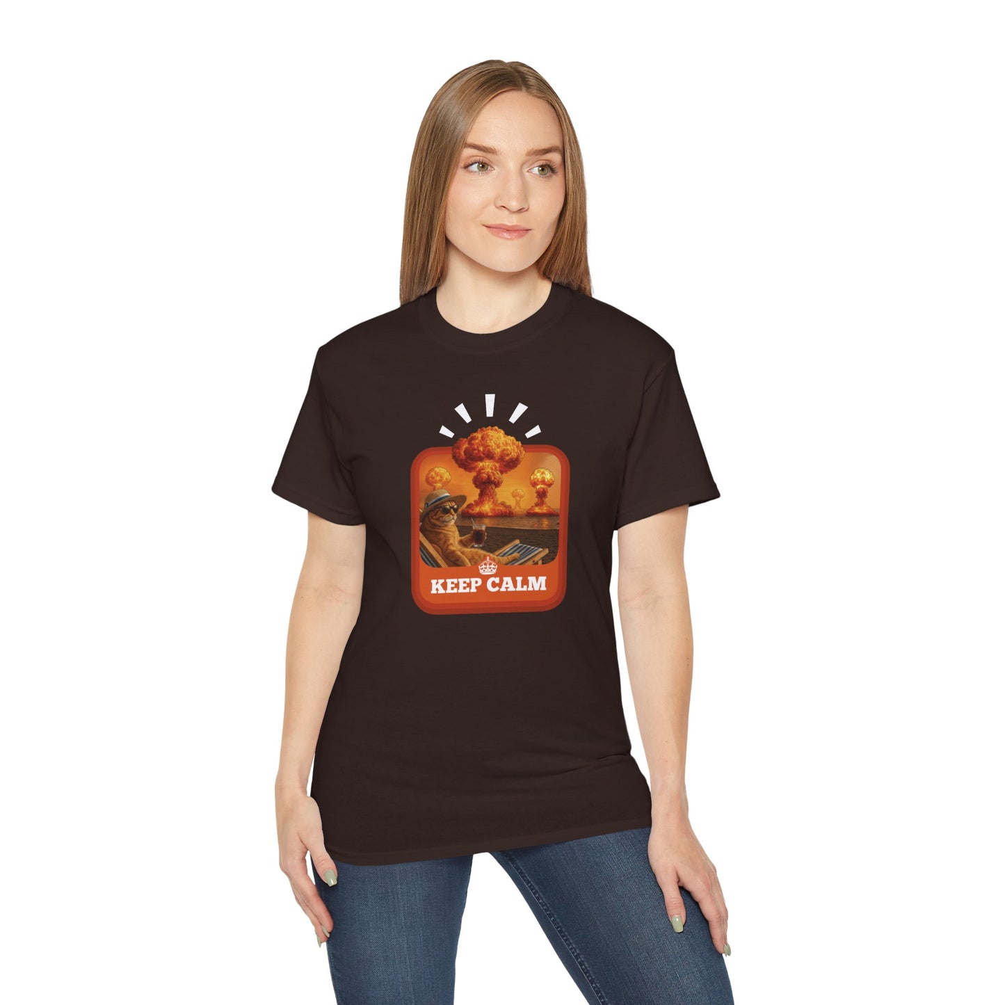 T-Shirt: Keep Calm – Surreal Cat in Chaos Artwork – Funny Apocalypse Parody for Dark Humor Fans