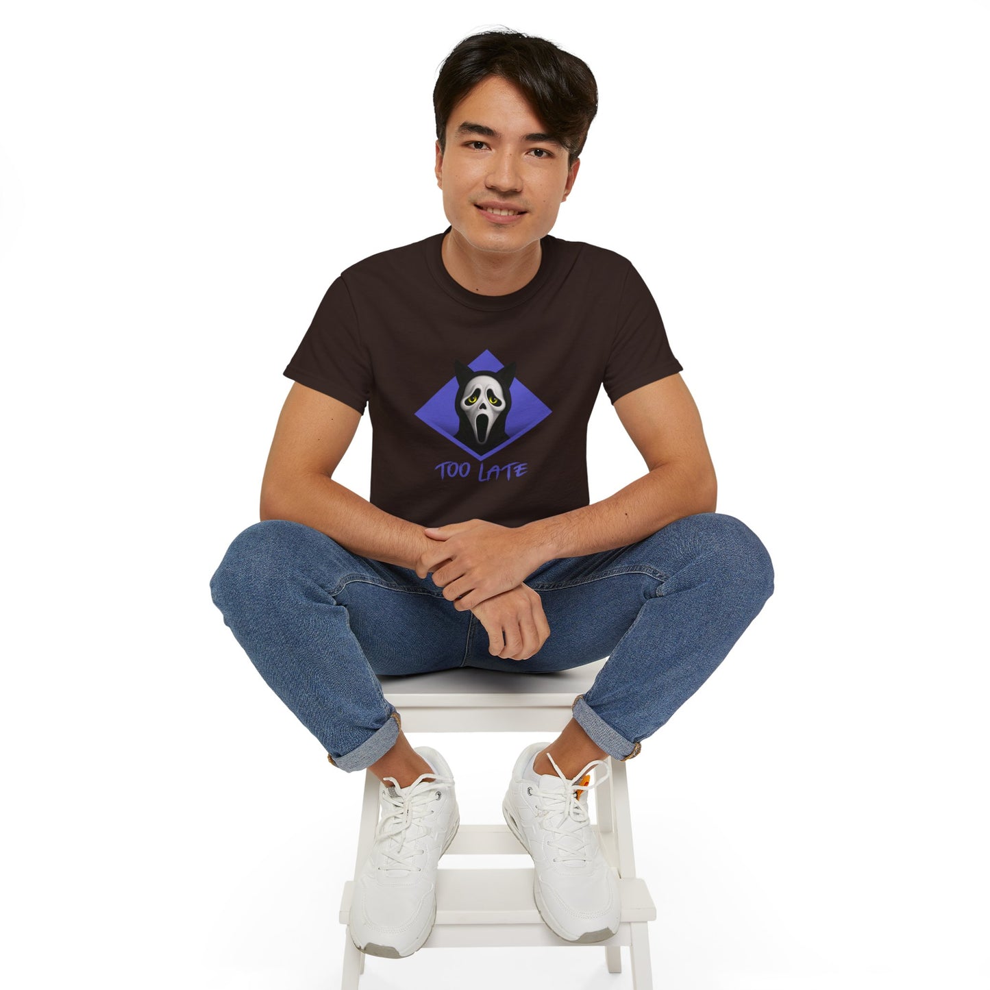 T-Shirt: Too Late – Scream Cat Ghost Mask Graphic Tee – Halloween Unisex Shirt for Spooky Season & Creepy Vibes