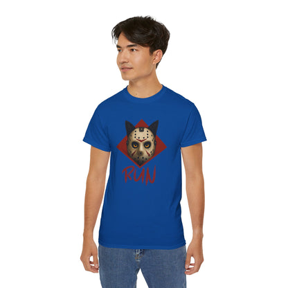 T-Shirt: RUN – Creepy Cat Horror Mask Graphic Tee – Halloween Scary Unisex Shirt for Spooky Season