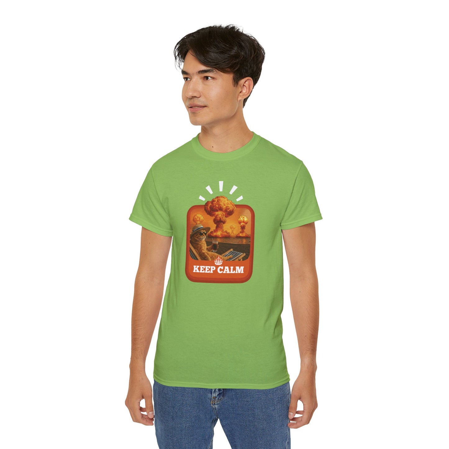 T-Shirt: Keep Calm – Surreal Cat in Chaos Artwork – Funny Apocalypse Parody for Dark Humor Fans