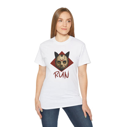 T-Shirt: RUN – Creepy Cat Horror Mask Graphic Tee – Halloween Scary Unisex Shirt for Spooky Season