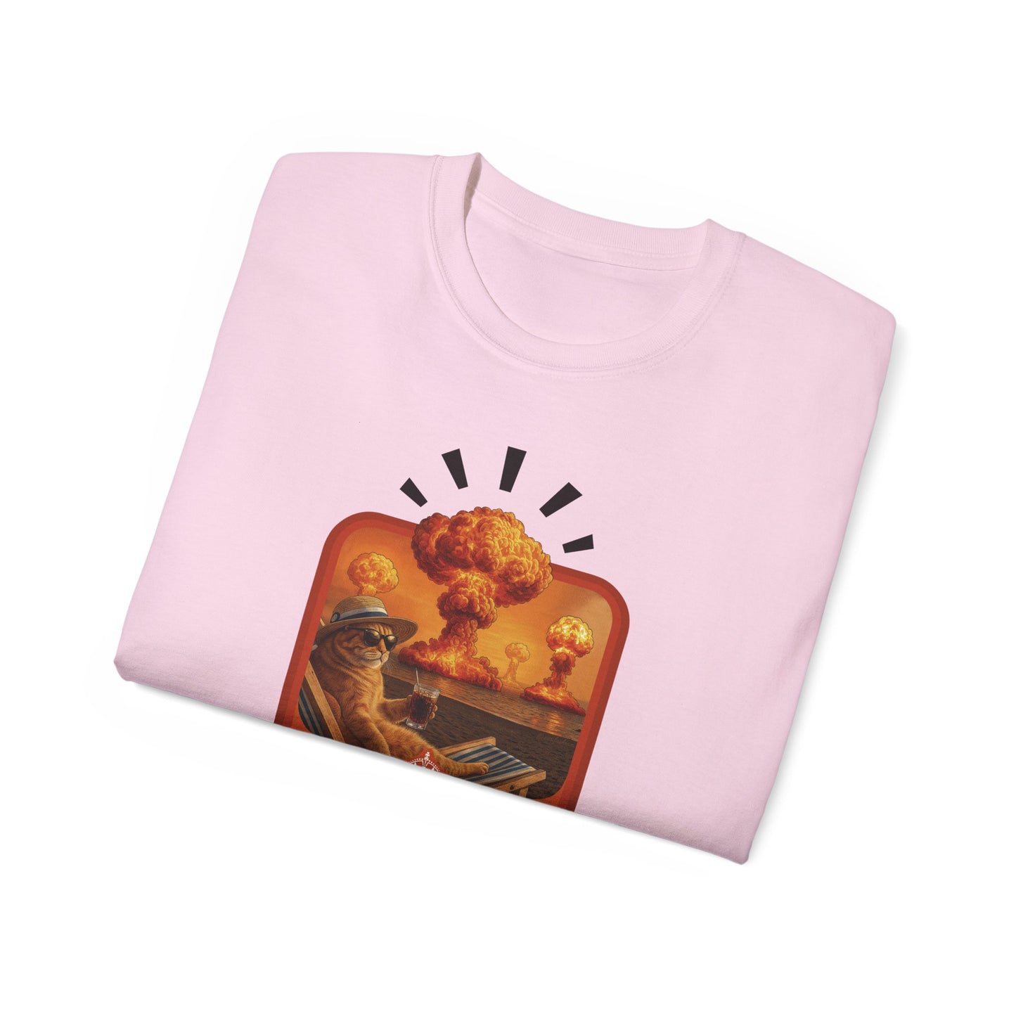 T-Shirt: Keep Calm – Surreal Cat in Chaos Artwork – Funny Apocalypse Parody for Dark Humor Fans