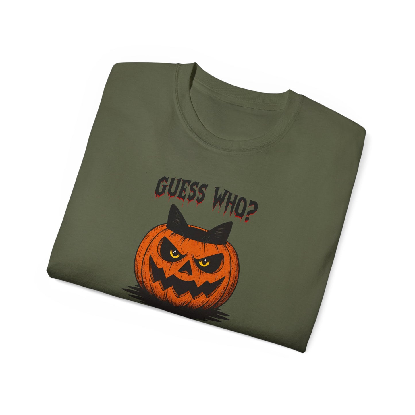 T-Shirt: Guess Who? – Halloween Cat Pumpkin Graphic Tee – Spooky Funny Unisex Shirt for Scary Season