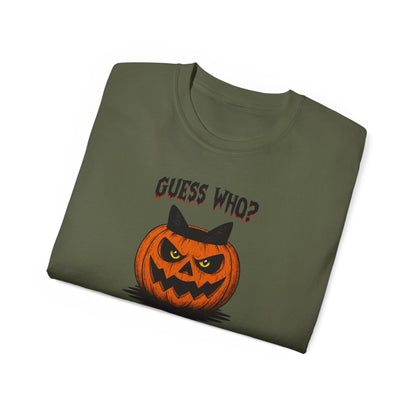 T-Shirt: Guess Who? – Halloween Cat Pumpkin Graphic Tee – Spooky Funny Unisex Shirt for Scary Season