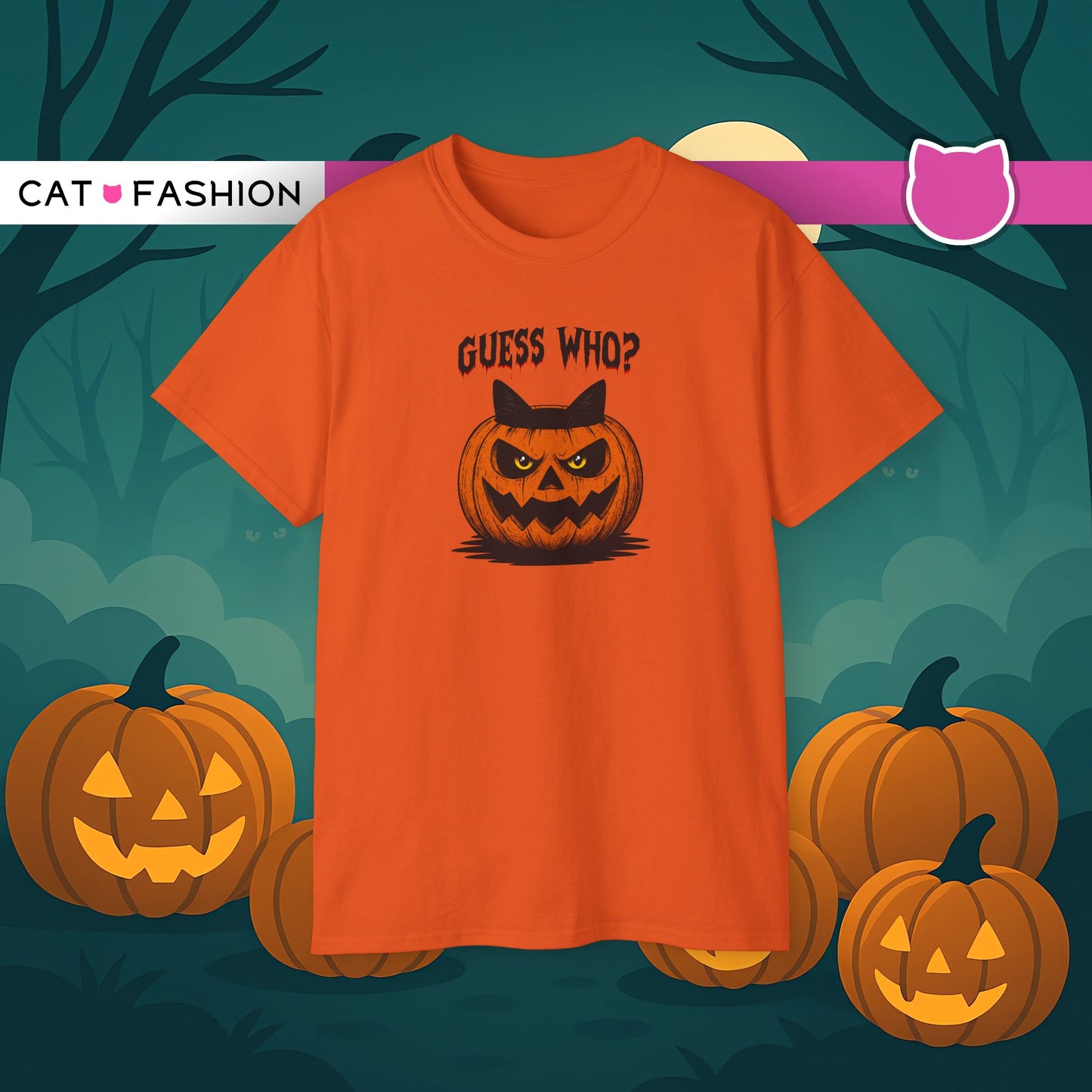 T-Shirt: Guess Who? – Halloween Cat Pumpkin Graphic Tee – Spooky Funny Unisex Shirt for Scary Season