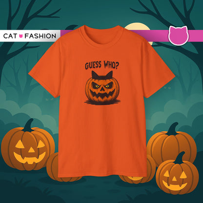 T-Shirt: Guess Who? – Halloween Cat Pumpkin Graphic Tee – Spooky Funny Unisex Shirt for Scary Season