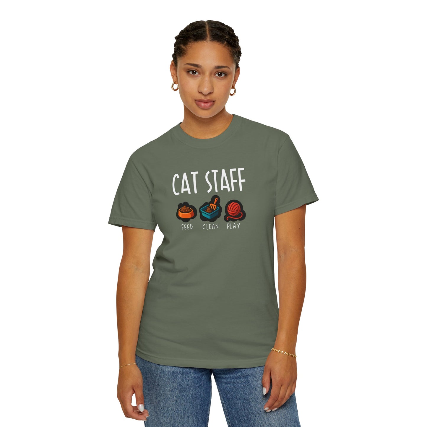 T-Shirt: Cat Staff Duties – Funny Pet Parent Graphic Tee – Cute Unisex Shirt Who Serve Their Furry Boss