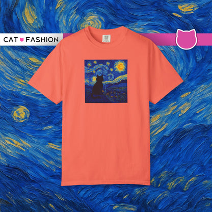 T-Shirt: The Starry Night with Cat - Van Gogh Parody Art Tee - Whimsical Unisex Shirt for Cat Lovers and Art Fans