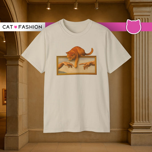 T-Shirt: Creation Interrupted – Funny Cat Parody of Michelangelo’s Art – Playful Graphic Tee for Cat Lovers & Humor Fans