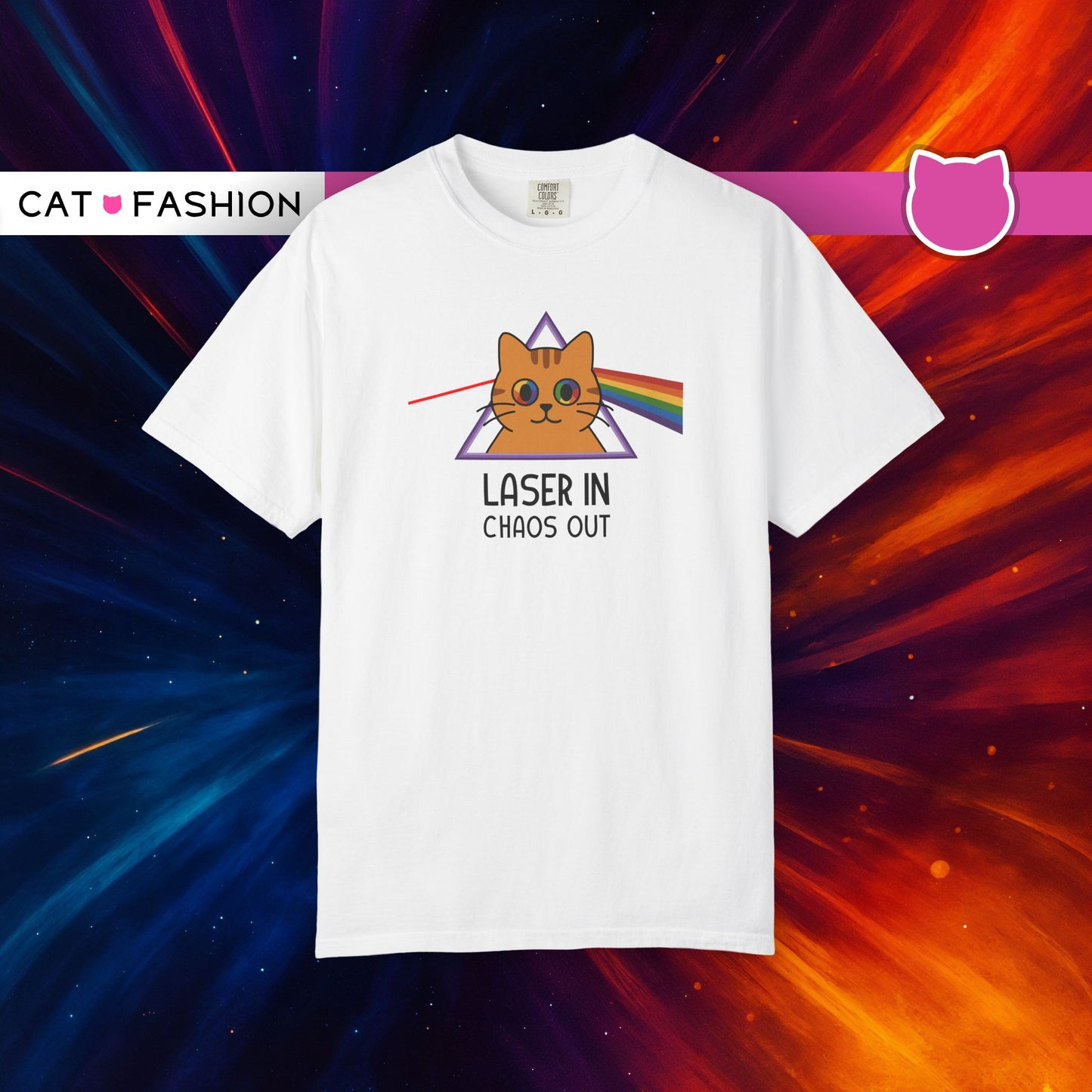 T-Shirt: Laser In - Chaos Out Cat Tee - Funny Rainbow Triangle Meme Shirt - Unisex Graphic Top for Nerds, Gamers and Cat People