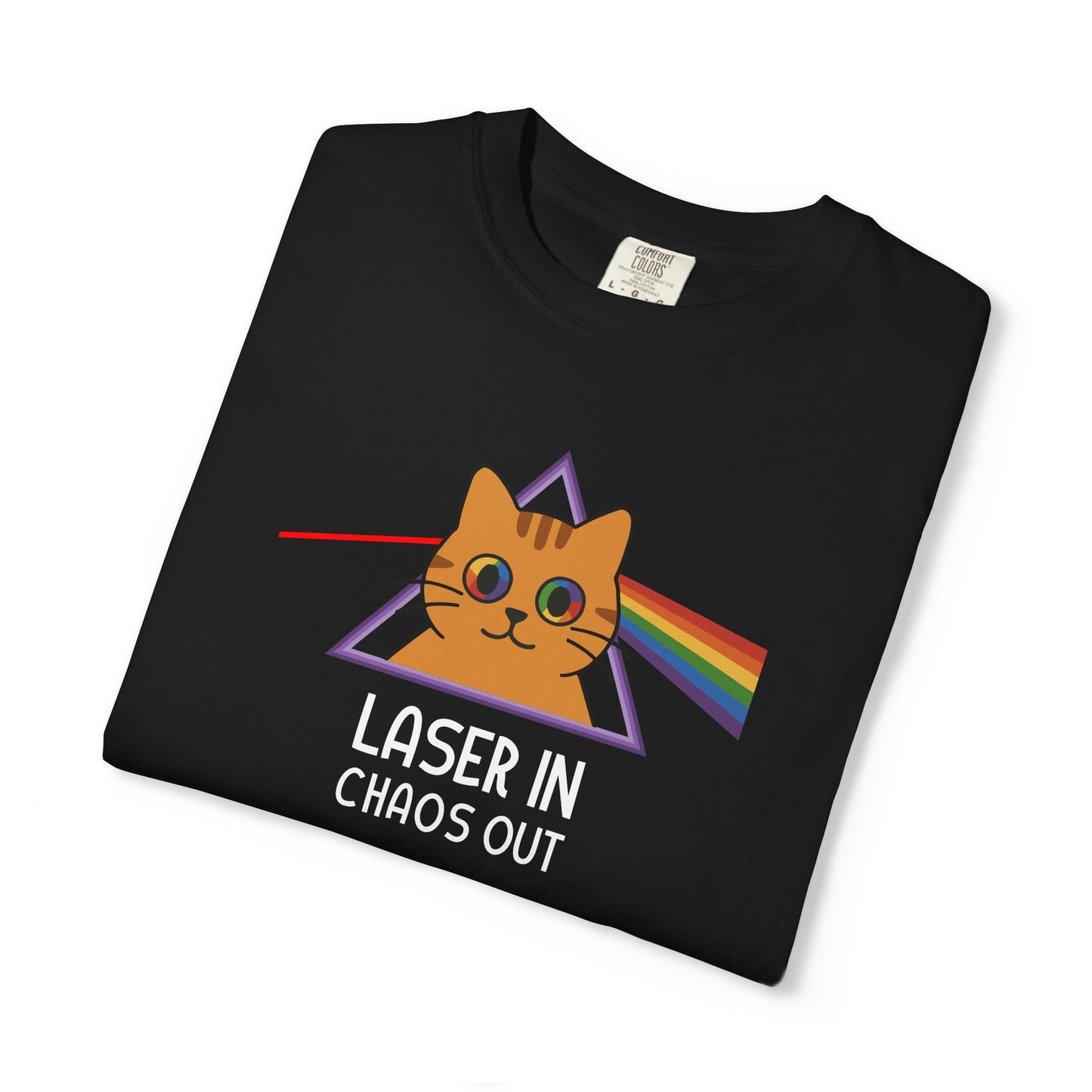 T-Shirt: Laser In - Chaos Out Cat Tee - Funny Rainbow Triangle Meme Shirt - Unisex Graphic Top for Nerds, Gamers and Cat People