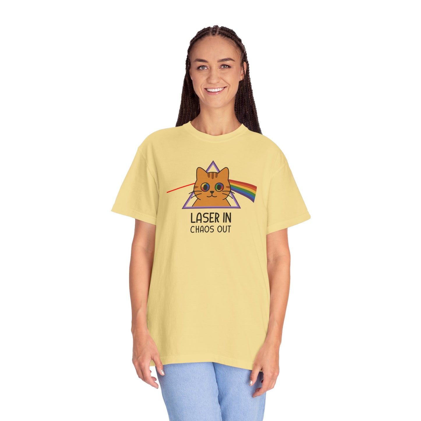 T-Shirt: Laser In - Chaos Out Cat Tee - Funny Rainbow Triangle Meme Shirt - Unisex Graphic Top for Nerds, Gamers and Cat People
