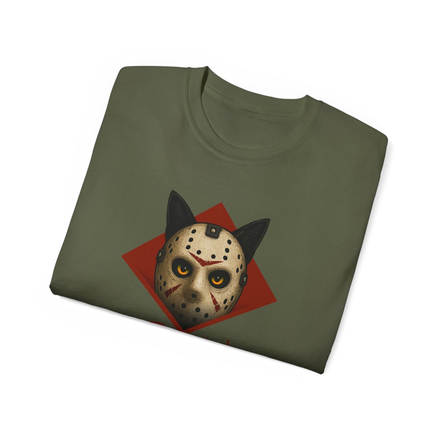T-Shirt: RUN – Creepy Cat Horror Mask Graphic Tee – Halloween Scary Unisex Shirt for Spooky Season