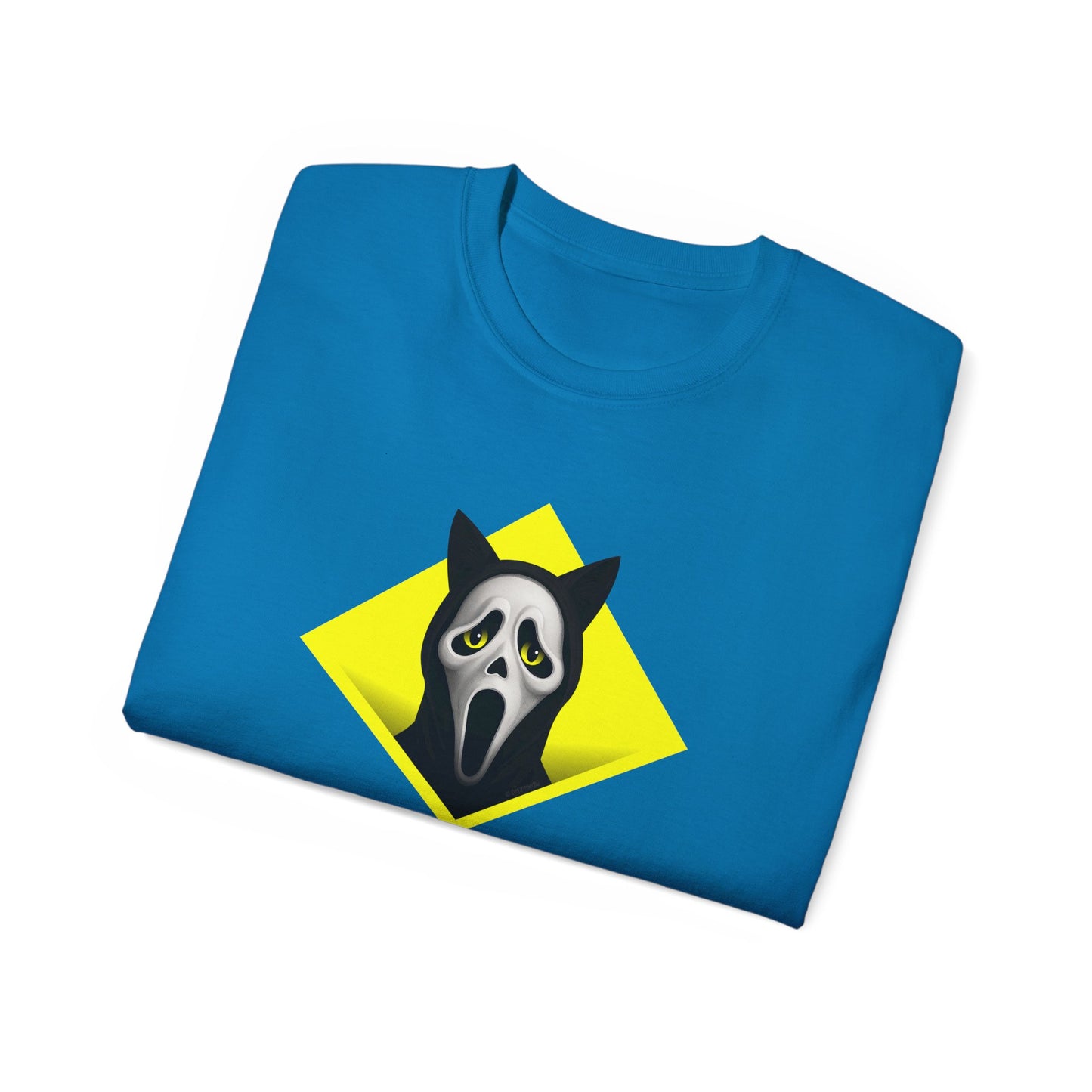 T-Shirt: Too Late – Scream Cat Ghost Mask Graphic Tee – Halloween Unisex Shirt for Spooky Season & Creepy Vibes