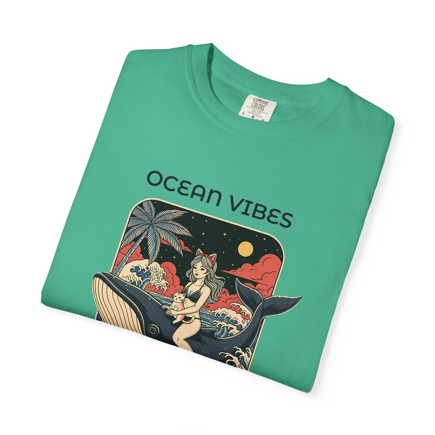 T-Shirt: Ocean Vibes – Anime Whale Rider Tee – Retro Japanese Style Shirt – Cat Girl Graphic Unisex Top for Surfers & Dreamers