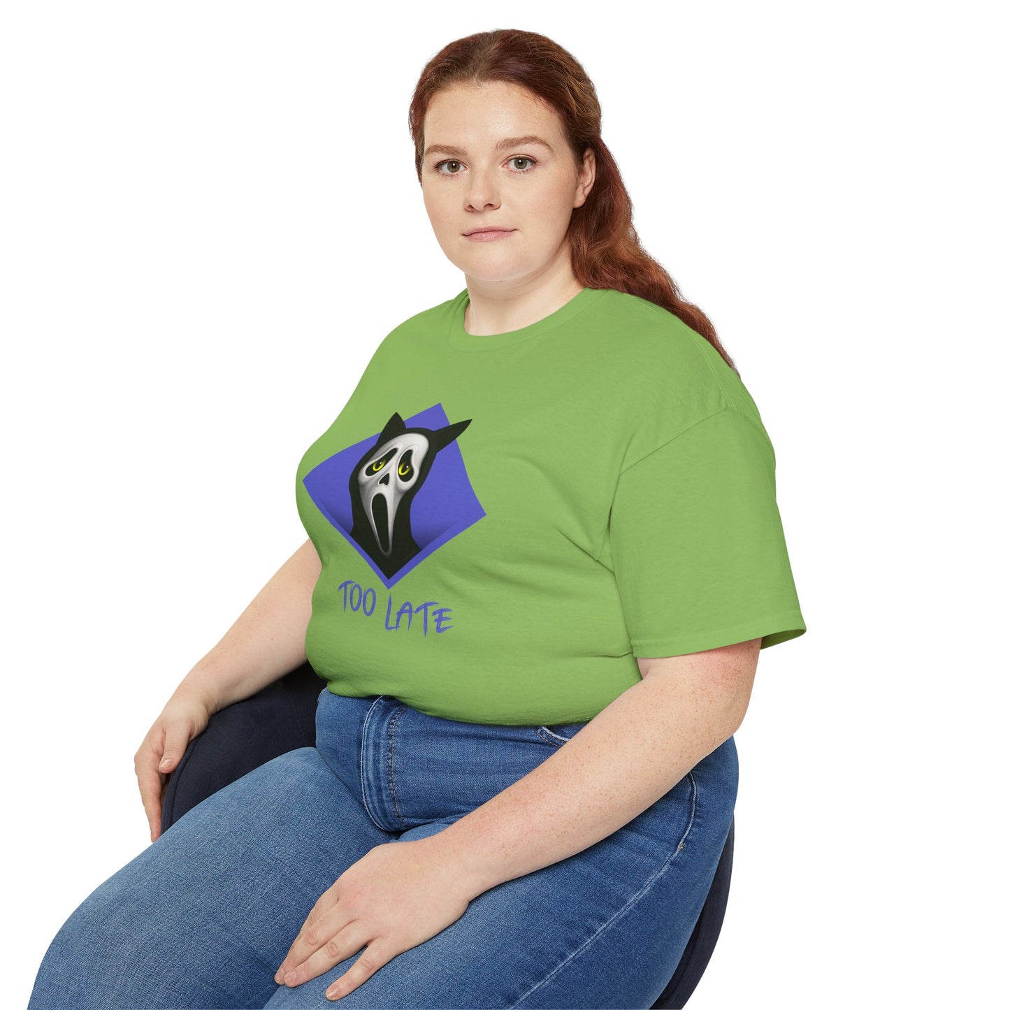 T-Shirt: Too Late – Scream Cat Ghost Mask Graphic Tee – Halloween Unisex Shirt for Spooky Season & Creepy Vibes