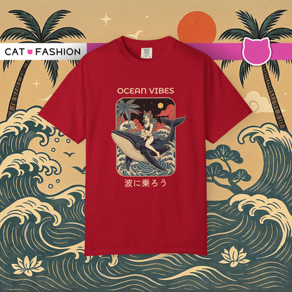 T-Shirt: Ocean Vibes – Anime Whale Rider Tee – Retro Japanese Style Shirt – Cat Girl Graphic Unisex Top for Surfers & Dreamers