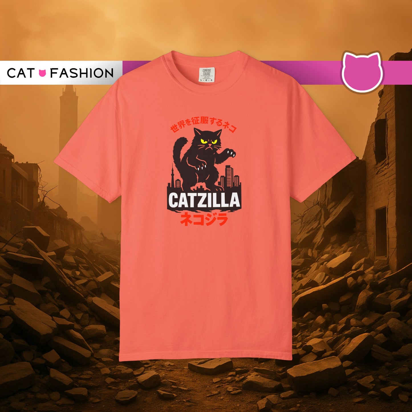 T-Shirt: Catzilla – Funny Japanese Monster Cat Meme Graphic Tee – Godzilla Parody Unisex Shirt for Cat Lovers & Otaku Vibes