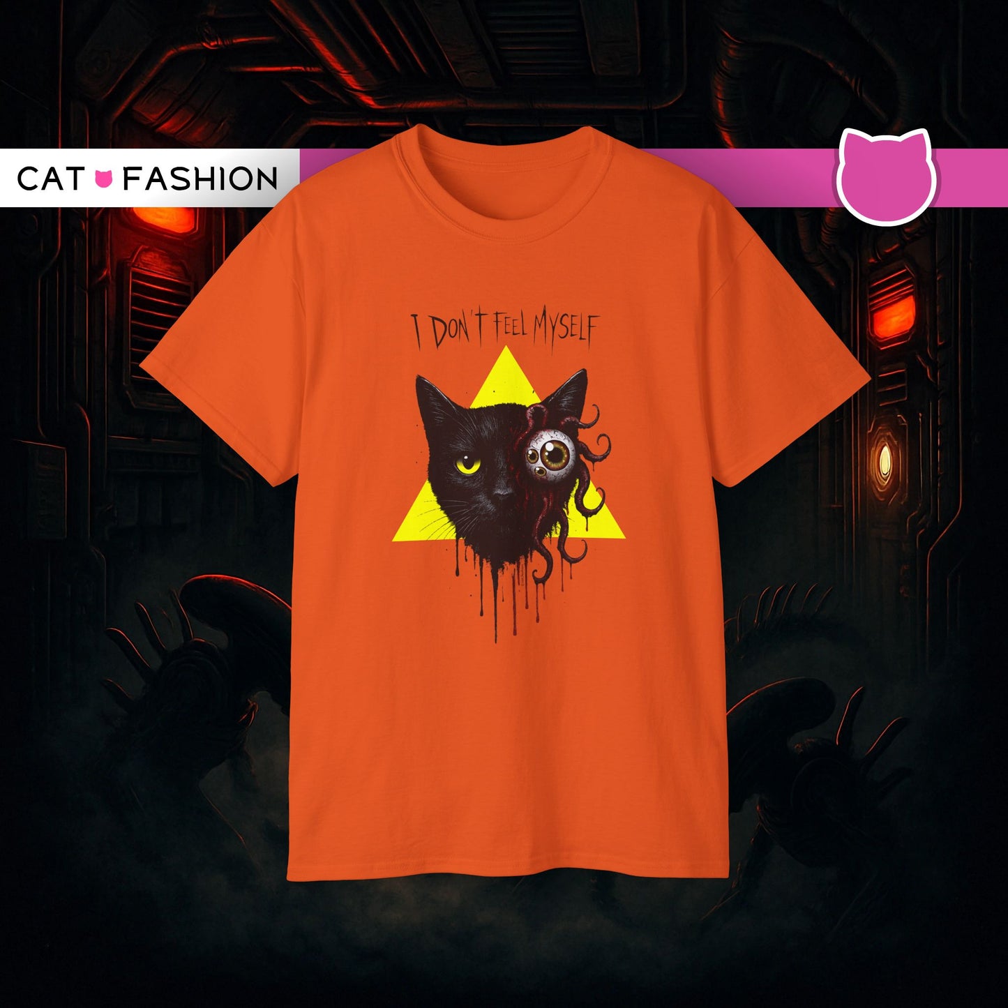 T-Shirt: I Don’t Feel Myself – Alien Horror Cat Graphic Tee – Creepy Gothic Unisex Shirt for Halloween & Sci-Fi Fans