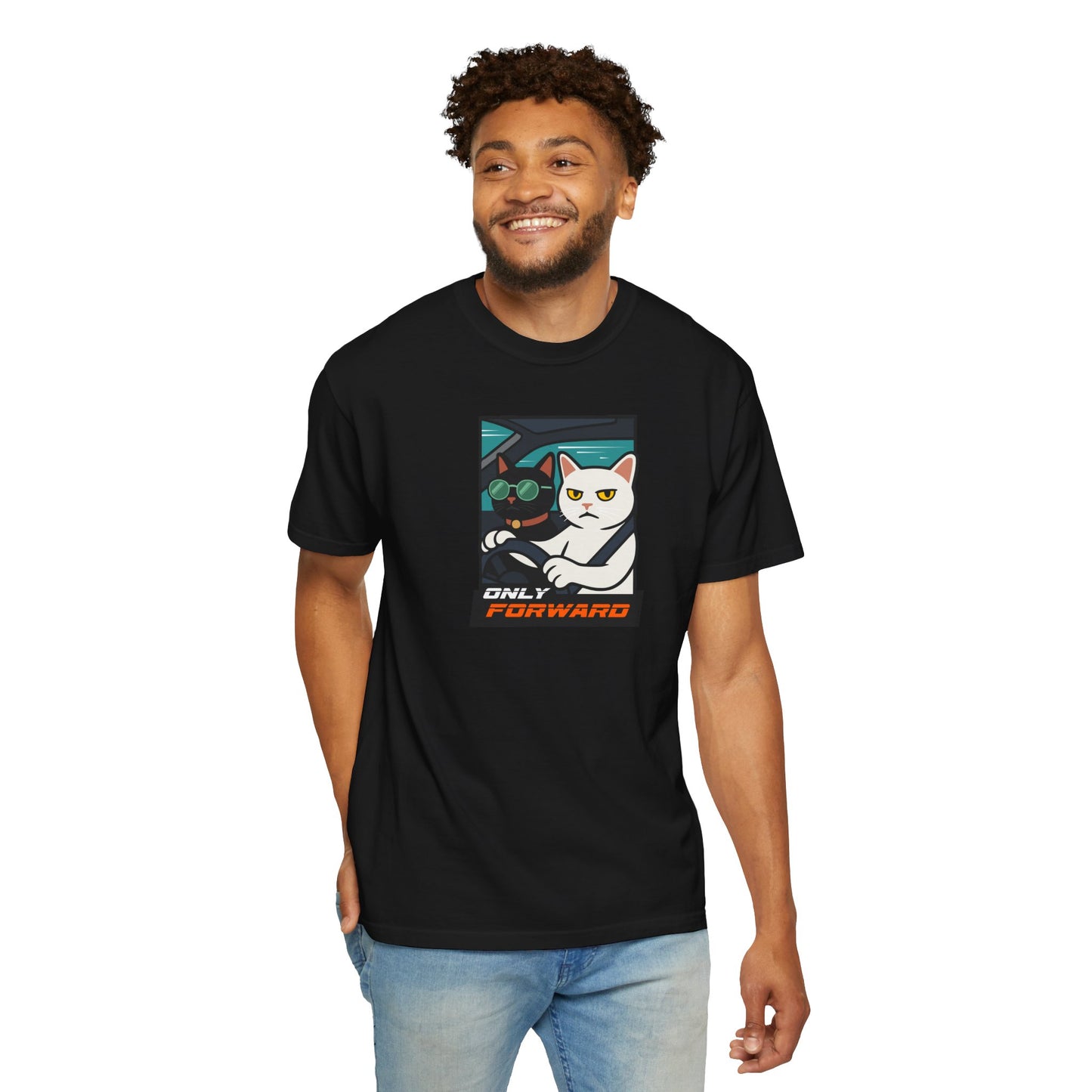 T-Shirt: Only Forward – Funny Cats Driving Graphic Tee – Cool Meme Shirt for Road Trip Fans
