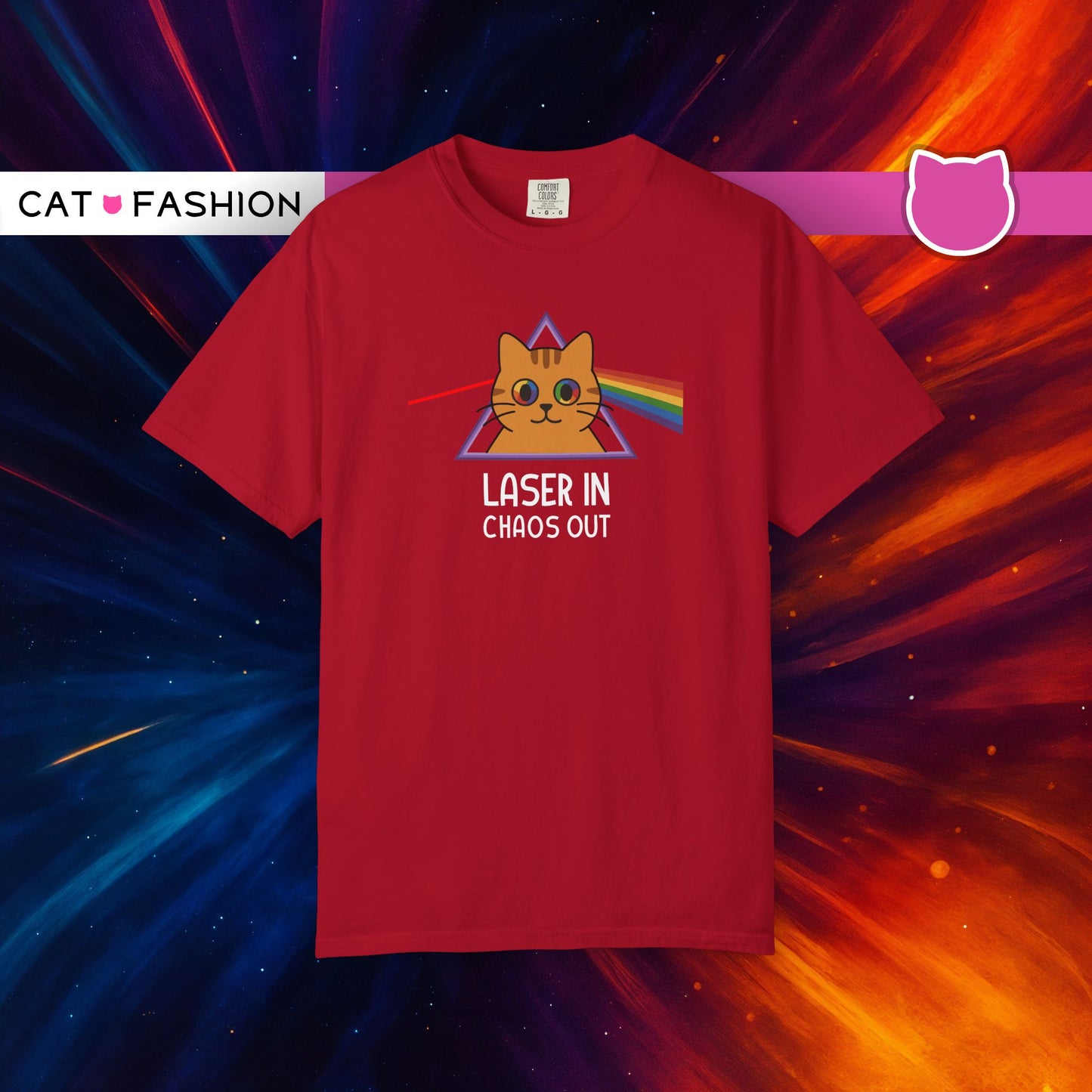 T-Shirt: Laser In - Chaos Out Cat Tee - Funny Rainbow Triangle Meme Shirt - Unisex Graphic Top for Nerds, Gamers and Cat People