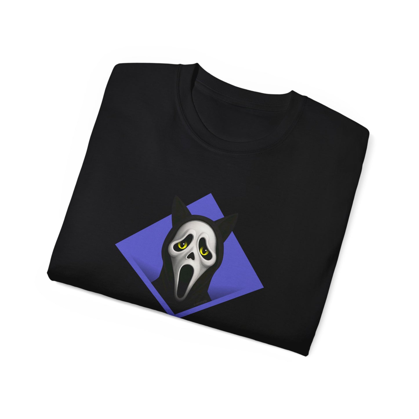 T-Shirt: Too Late – Scream Cat Ghost Mask Graphic Tee – Halloween Unisex Shirt for Spooky Season & Creepy Vibes
