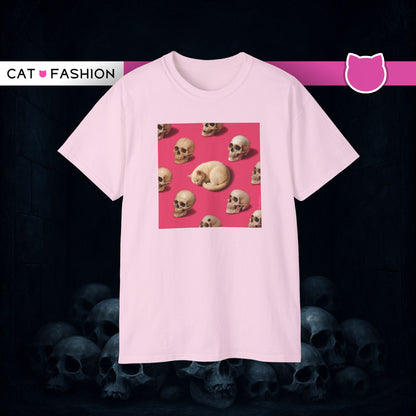 T-Shirt: The Cat and His Former Owners – Dark Humor Cat Graphic Tee – Funny Spooky Skull Unisex Shirt for Gothic Vibes