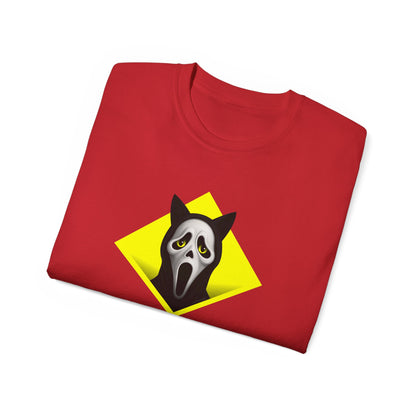 T-Shirt: Too Late – Scream Cat Ghost Mask Graphic Tee – Halloween Unisex Shirt for Spooky Season & Creepy Vibes