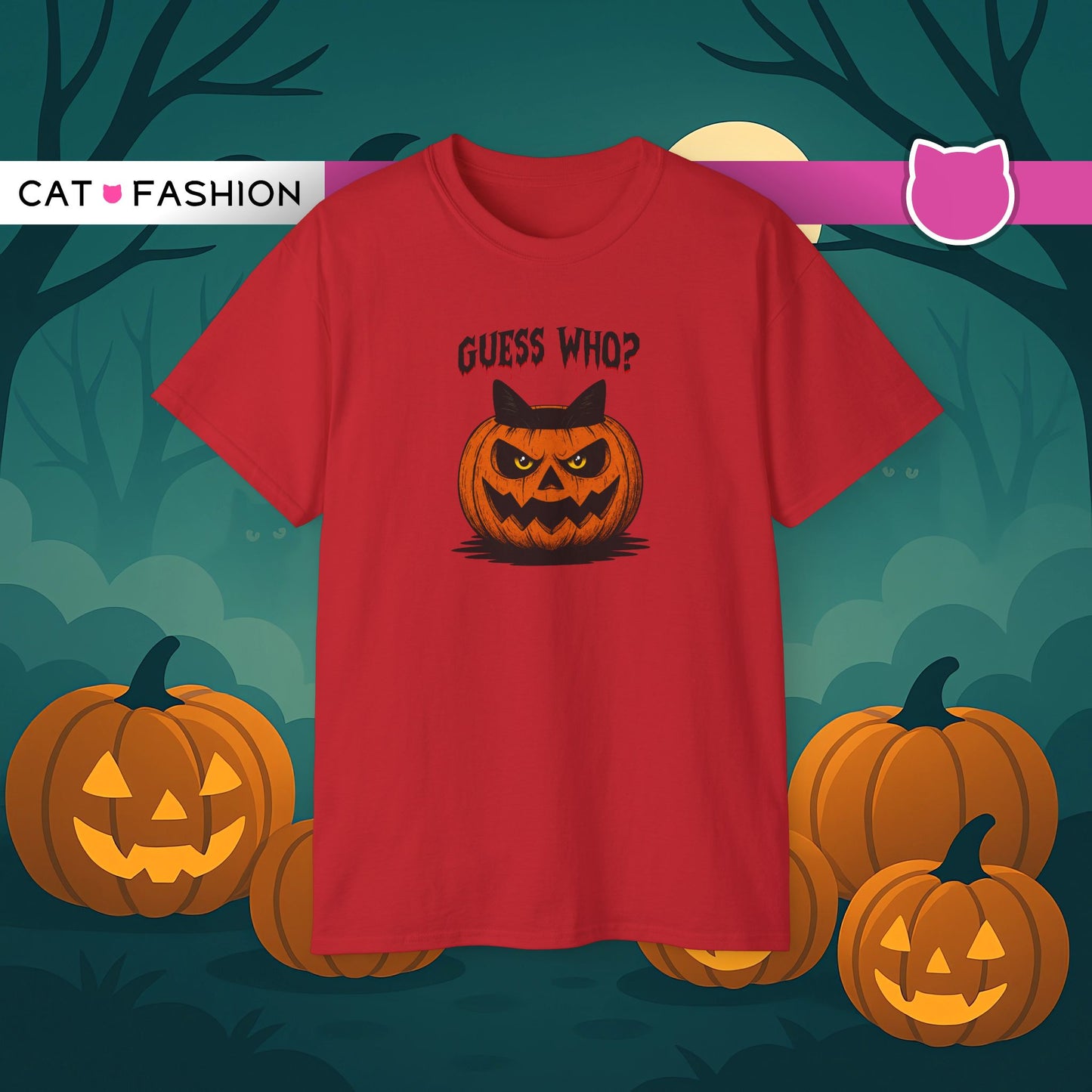 T-Shirt: Guess Who? – Halloween Cat Pumpkin Graphic Tee – Spooky Funny Unisex Shirt for Scary Season