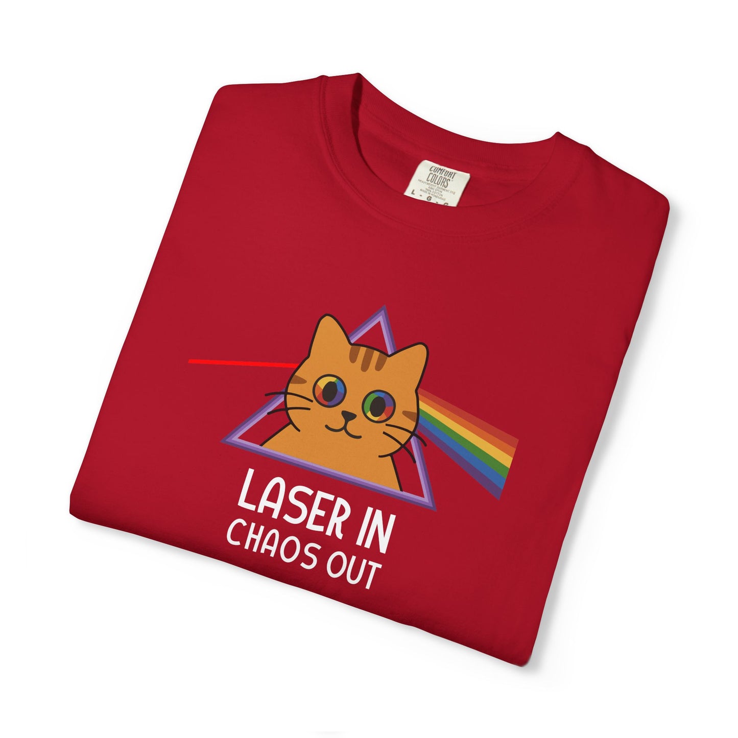 T-Shirt: Laser In - Chaos Out Cat Tee - Funny Rainbow Triangle Meme Shirt - Unisex Graphic Top for Nerds, Gamers and Cat People