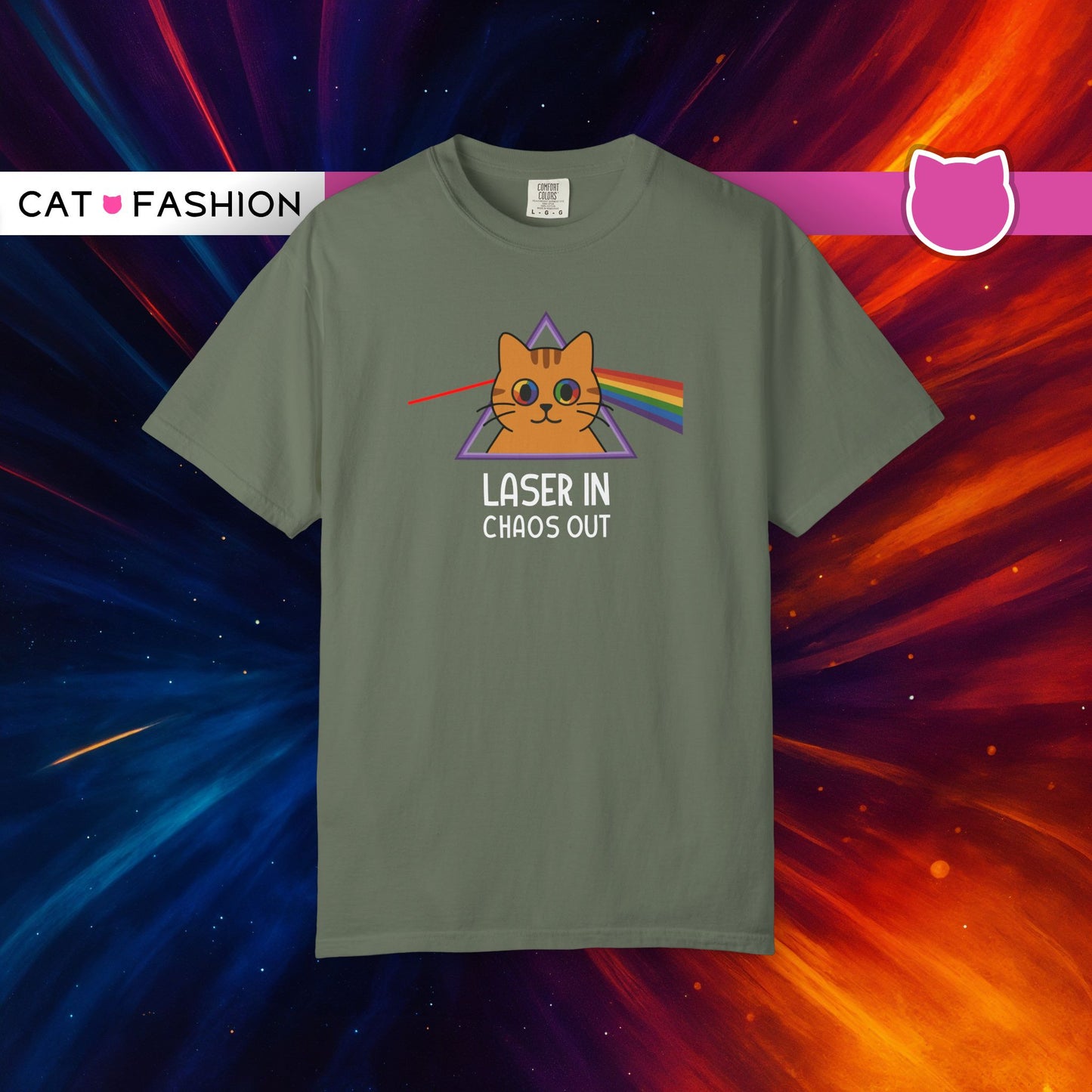 T-Shirt: Laser In - Chaos Out Cat Tee - Funny Rainbow Triangle Meme Shirt - Unisex Graphic Top for Nerds, Gamers and Cat People