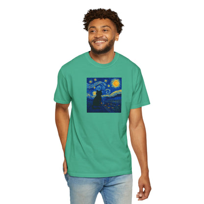 T-Shirt: The Starry Night with Cat - Van Gogh Parody Art Tee - Whimsical Unisex Shirt for Cat Lovers and Art Fans