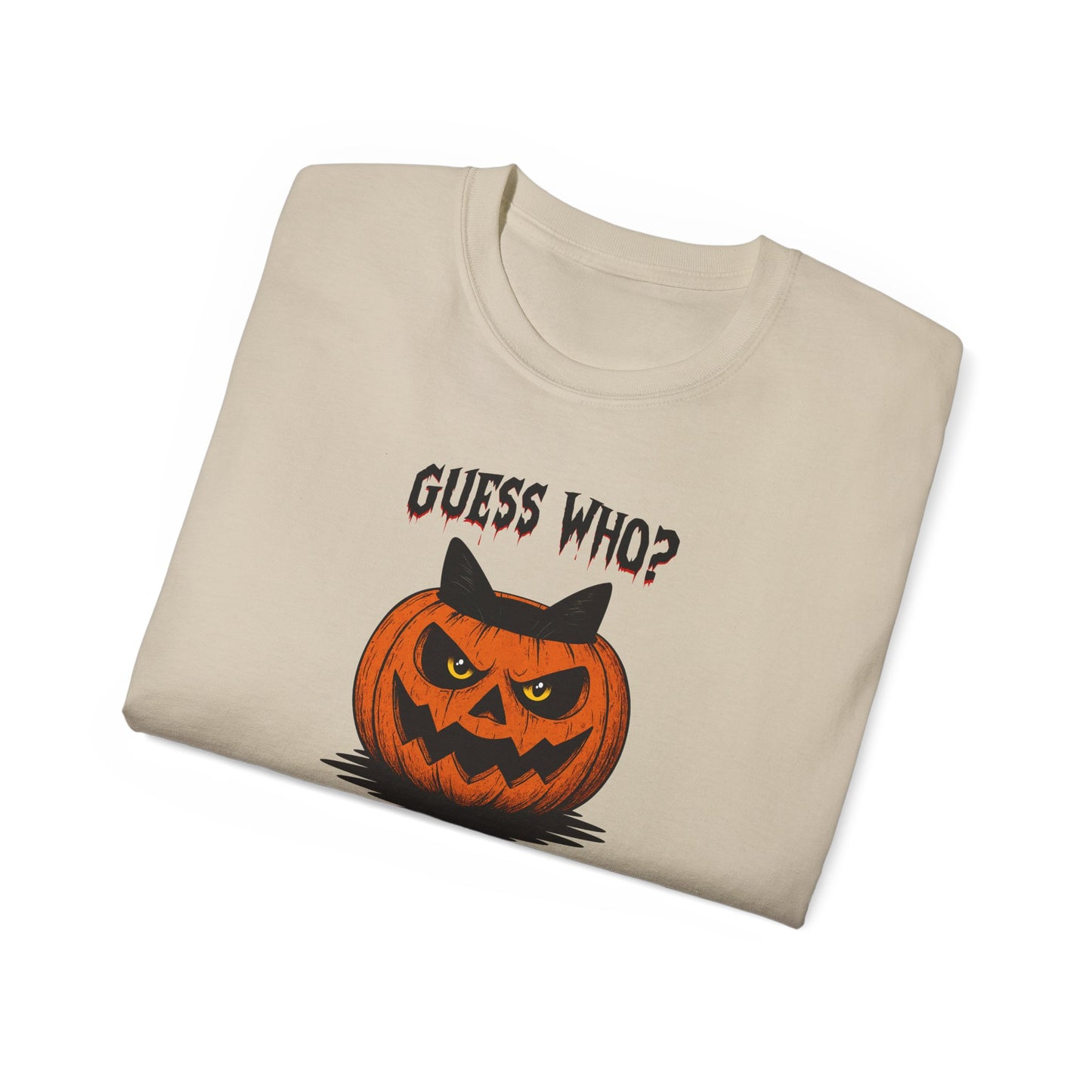 T-Shirt: Guess Who? – Halloween Cat Pumpkin Graphic Tee – Spooky Funny Unisex Shirt for Scary Season