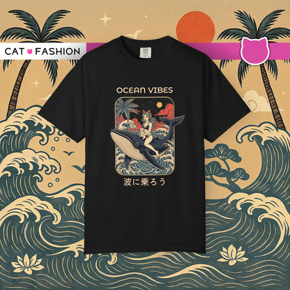 T-Shirt: Ocean Vibes – Anime Whale Rider Tee – Retro Japanese Style Shirt – Cat Girl Graphic Unisex Top for Surfers & Dreamers