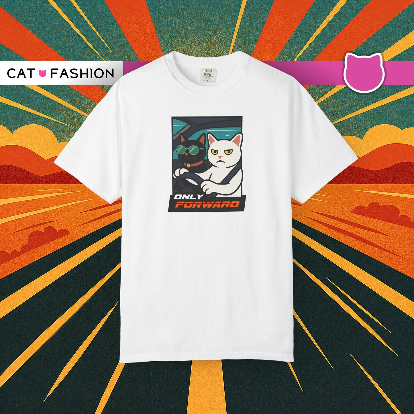 T-Shirt: Only Forward – Funny Cats Driving Graphic Tee – Cool Meme Shirt for Road Trip Fans