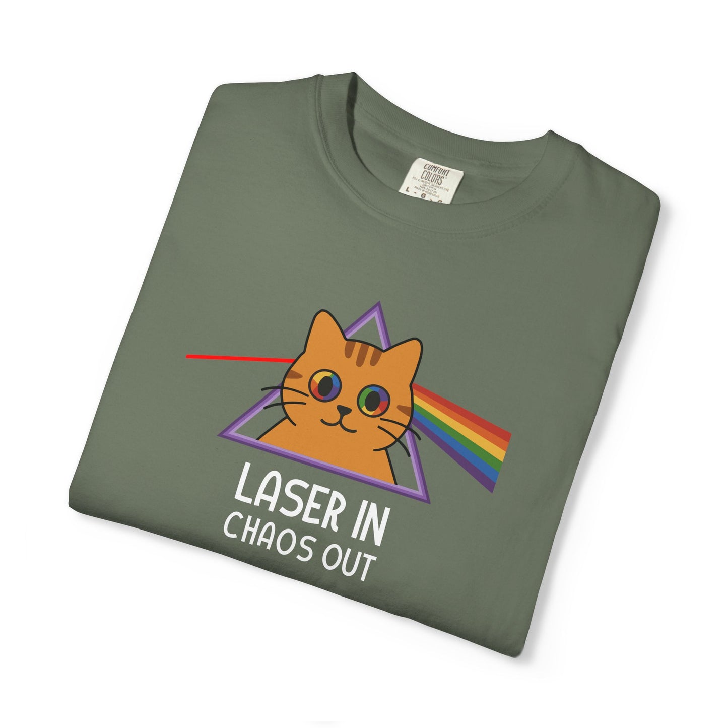 T-Shirt: Laser In - Chaos Out Cat Tee - Funny Rainbow Triangle Meme Shirt - Unisex Graphic Top for Nerds, Gamers and Cat People