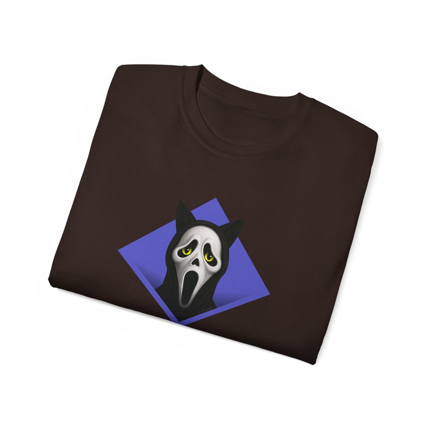 T-Shirt: Too Late – Scream Cat Ghost Mask Graphic Tee – Halloween Unisex Shirt for Spooky Season & Creepy Vibes