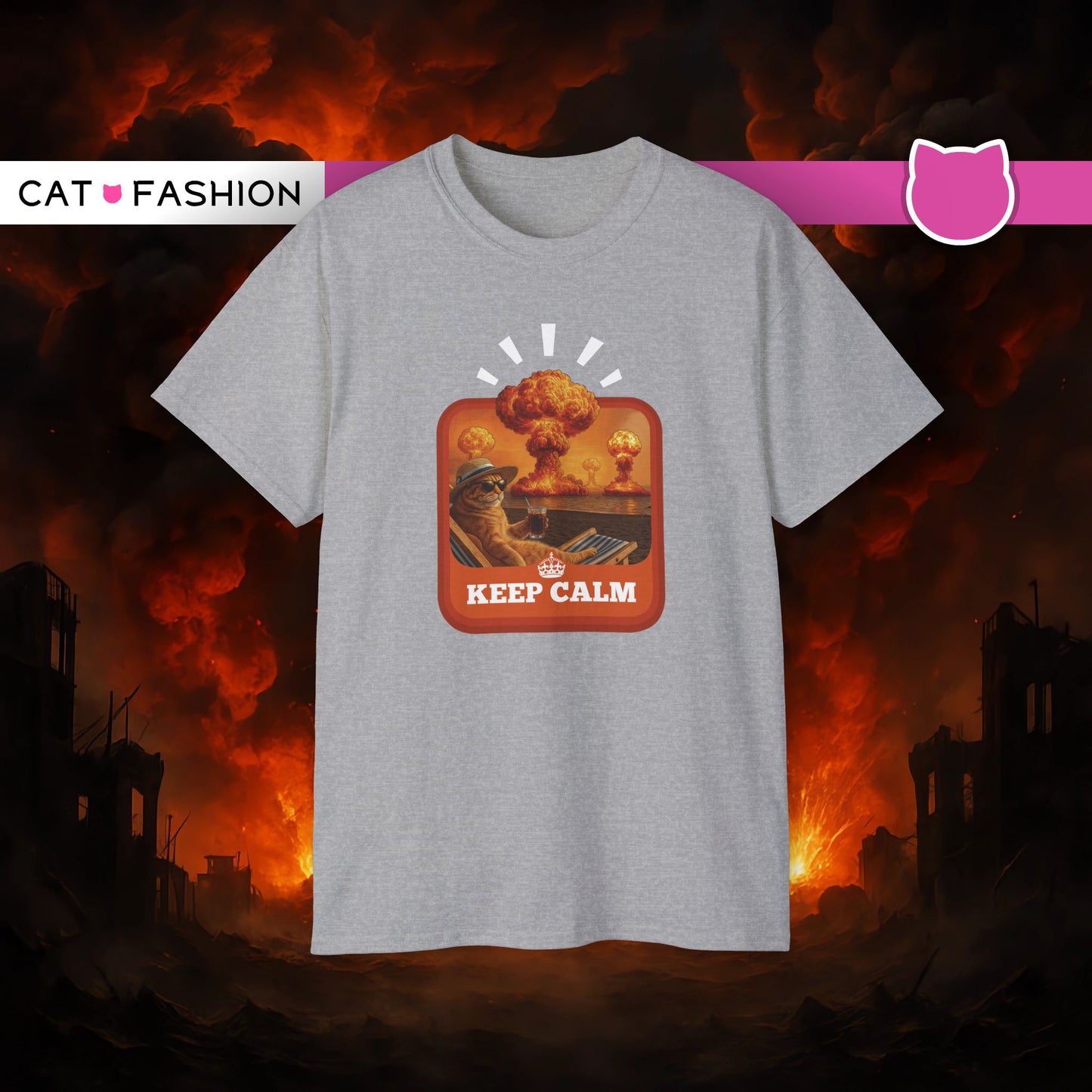 T-Shirt: Keep Calm – Surreal Cat in Chaos Artwork – Funny Apocalypse Parody for Dark Humor Fans