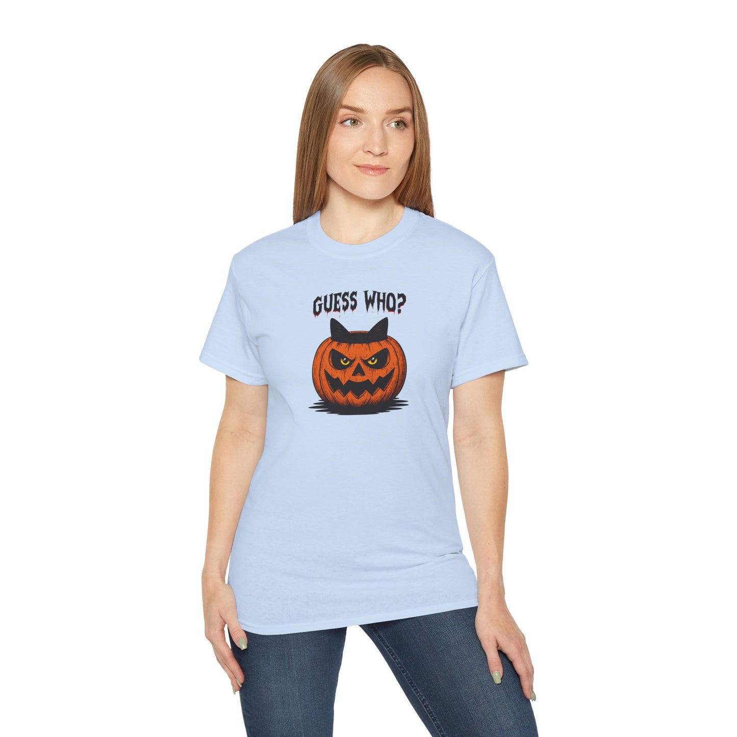 T-Shirt: Guess Who? – Halloween Cat Pumpkin Graphic Tee – Spooky Funny Unisex Shirt for Scary Season