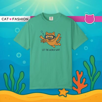T-Shirt: Let The World Wait - Funny Swimming Cat Graphic Tee - Cute Unisex Shirt for Cat Lovers & Chill Vibes