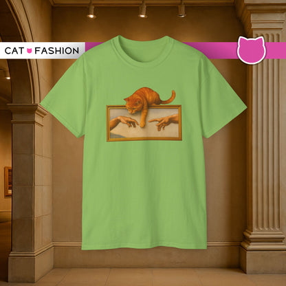 T-Shirt: Creation Interrupted – Funny Cat Parody of Michelangelo’s Art – Playful Graphic Tee for Cat Lovers & Humor Fans