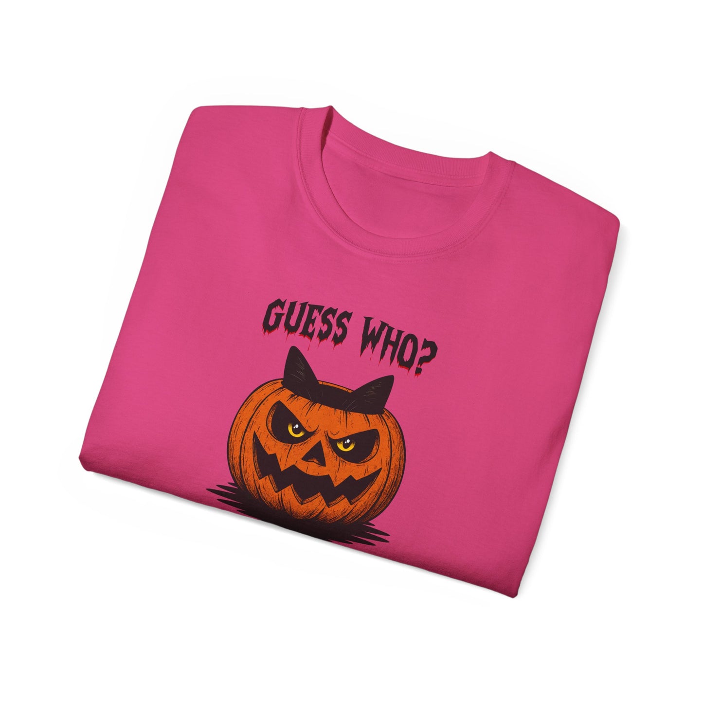 T-Shirt: Guess Who? – Halloween Cat Pumpkin Graphic Tee – Spooky Funny Unisex Shirt for Scary Season
