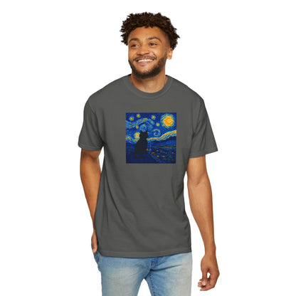 T-Shirt: The Starry Night with Cat - Van Gogh Parody Art Tee - Whimsical Unisex Shirt for Cat Lovers and Art Fans