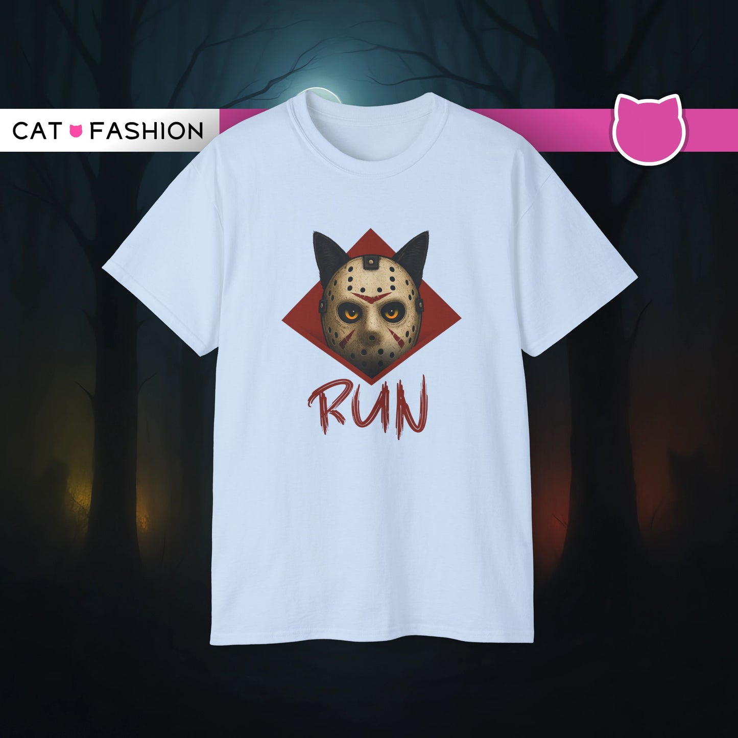T-Shirt: RUN – Creepy Cat Horror Mask Graphic Tee – Halloween Scary Unisex Shirt for Spooky Season