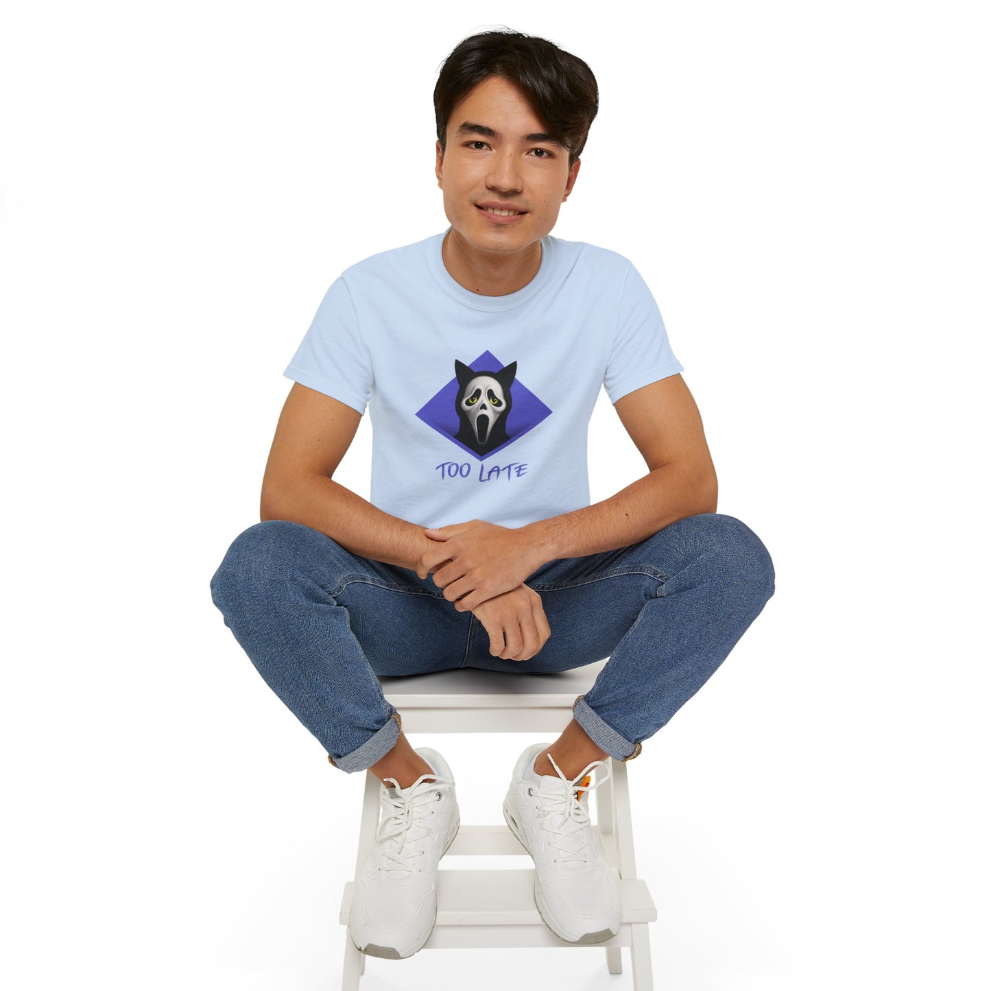 T-Shirt: Too Late – Scream Cat Ghost Mask Graphic Tee – Halloween Unisex Shirt for Spooky Season & Creepy Vibes