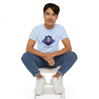 T-Shirt: Too Late – Scream Cat Ghost Mask Graphic Tee – Halloween Unisex Shirt for Spooky Season & Creepy Vibes