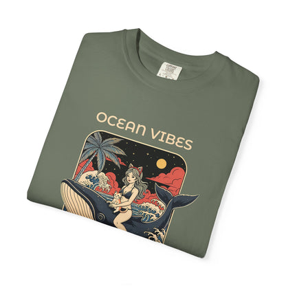 T-Shirt: Ocean Vibes – Anime Whale Rider Tee – Retro Japanese Style Shirt – Cat Girl Graphic Unisex Top for Surfers & Dreamers