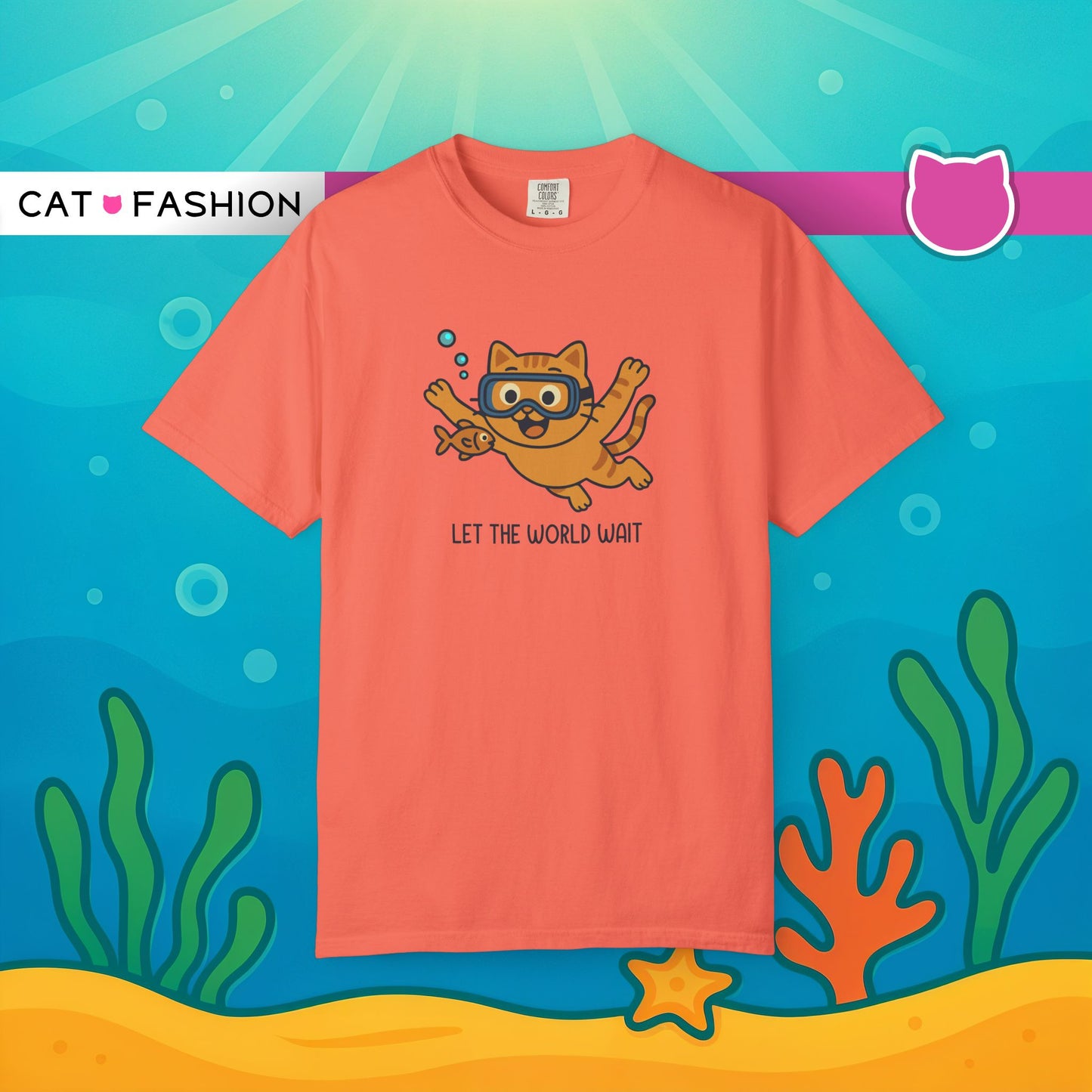 T-Shirt: Let The World Wait - Funny Swimming Cat Graphic Tee - Cute Unisex Shirt for Cat Lovers & Chill Vibes
